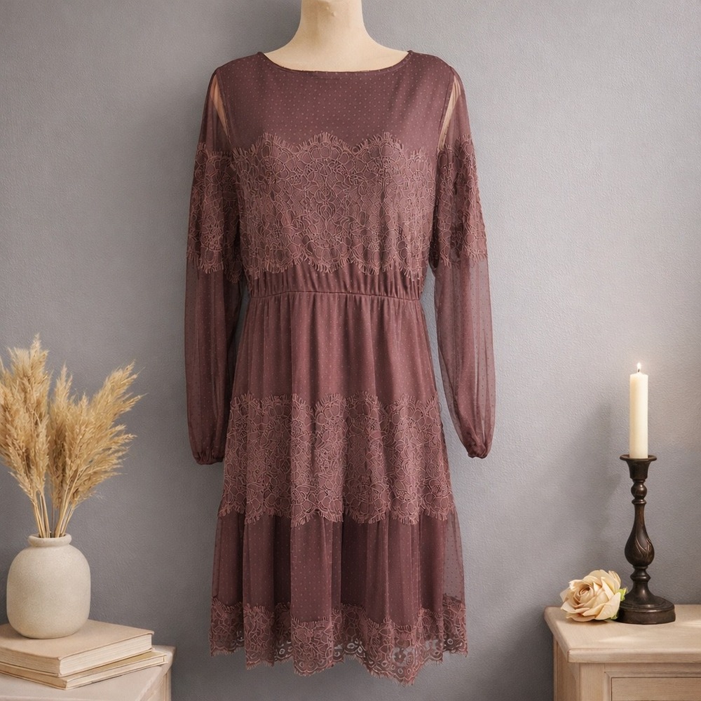 Mauve‎ Lace Point d'Esprit Mesh Tiered Midi Dress XL Dark Romantic Y2K Poetcore